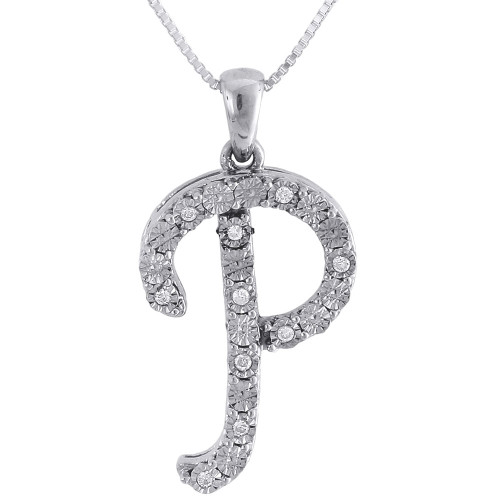 Diamond P Initial Pendant .925 Sterling Silver Script Charm w/ Chain 0.11 Tcw.