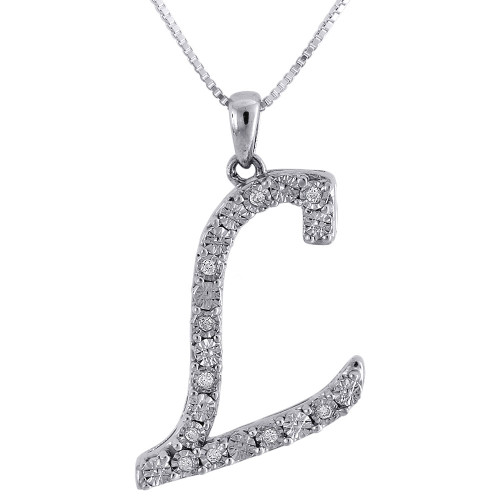 L Script Initial Diamond Pendant .925 Sterling Silver Charm w/ Chain 0.11 Tcw.
