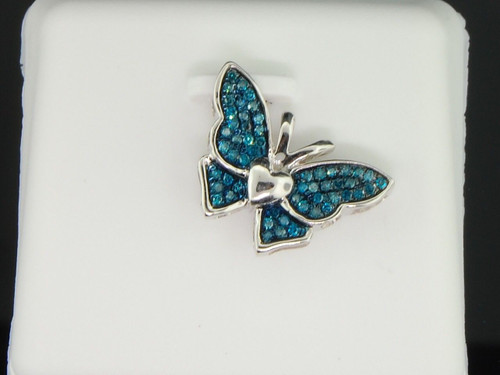 Ladies 10K White Gold Designer Butterfly Blue Diamond Pendant Charm For Necklace