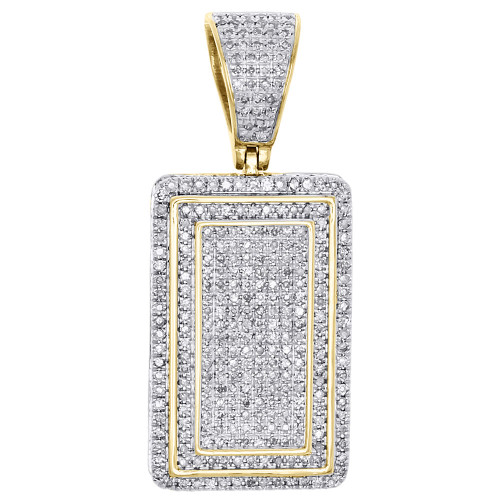 10K Yellow Gold Diamond Square Tier Dog Tag Pendant 1.35" 3D Side Pave Charm 1CT