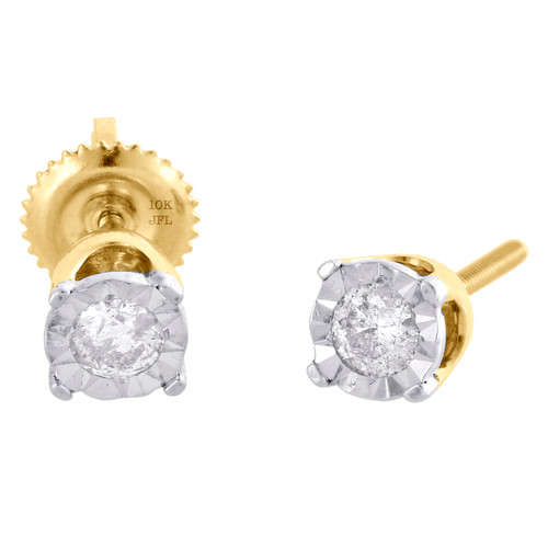 10K Yellow Gold Real Diamond Bezel Set 4 Prong Circle Stud 5mm Earrings 0.30 CT.