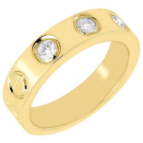 Diamond 3 Stone Wedding Band Mens 14K Yellow Gold Round Anniversary Ring .41 Tcw