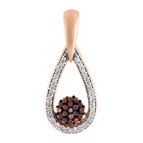 Red Diamond Tear Drop Pendant Ladies 10K Rose Gold Flower Charm  0.15 CT.