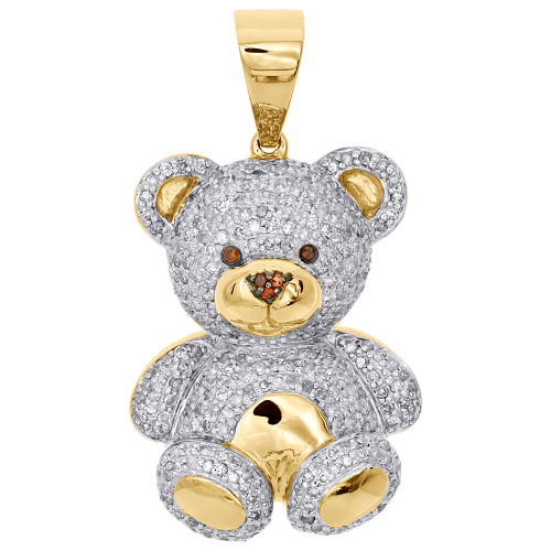 10K Yellow Gold Genuine Diamond Teddy Bear Pendant 1.40" 3D Pave Charm 1.05 CT.