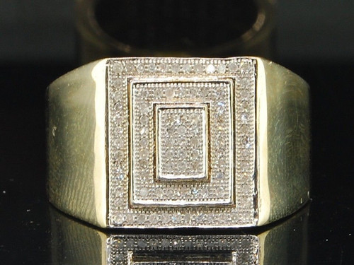 Diamond Pinky Ring Mens 10K Yellow Gold Round Pave Square Design 1/4 Tcw.