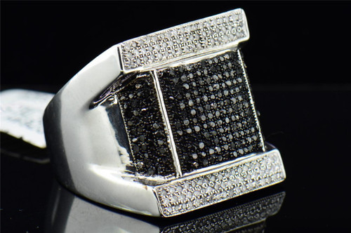 Black Diamond Square Pinky Ring Mens 10K White Gold Round Pave Fashion 1.08 Tcw.