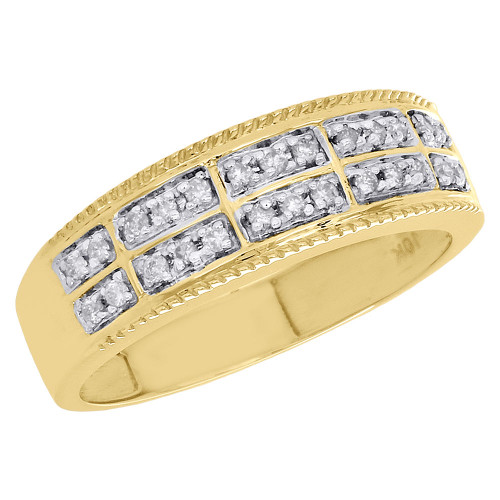 bague de mariage pour homme en or jaune 10 carats avec 2 rangées de diamants ronds millegrain 6,5 mm 1/4 ct