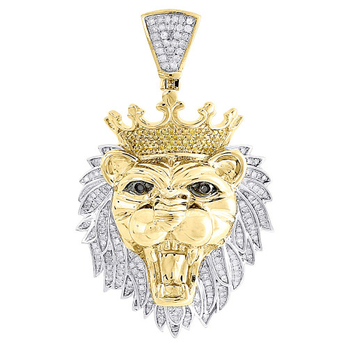 Diamond Lion Face Pendant Mens 10K Yellow Gold Round Pave Animal Charm 0.97 Tcw.