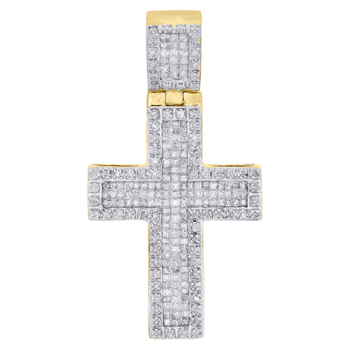 10K Yellow Gold Round & Princess Diamond Cross Pendant 1.45" Flat Charm 1 ct.