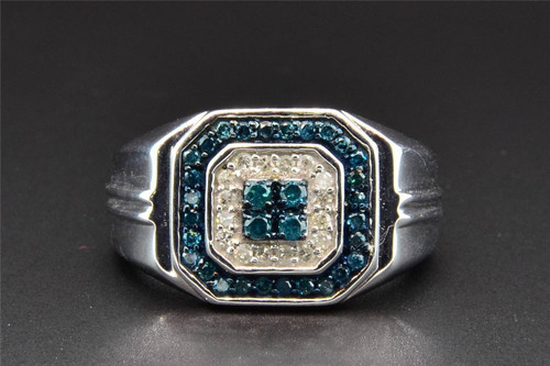 Blue Diamond Octagon Pinky Statement Ring 10K White Gold Round Cut 0.63 Ct