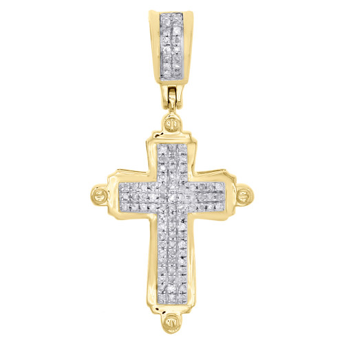 10K Yellow Gold Diamond Cross Dome Puff Pendant 1.15" Mini Pave Charm 0.14 CT.