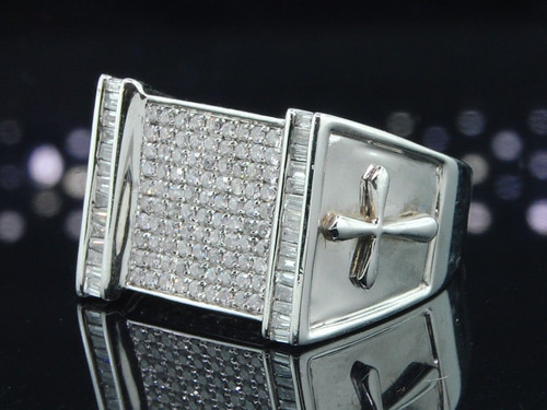 Diamond Cross Pinky Ring 14K White Gold Baguette Designer Wedding Band 1.06 Ct.