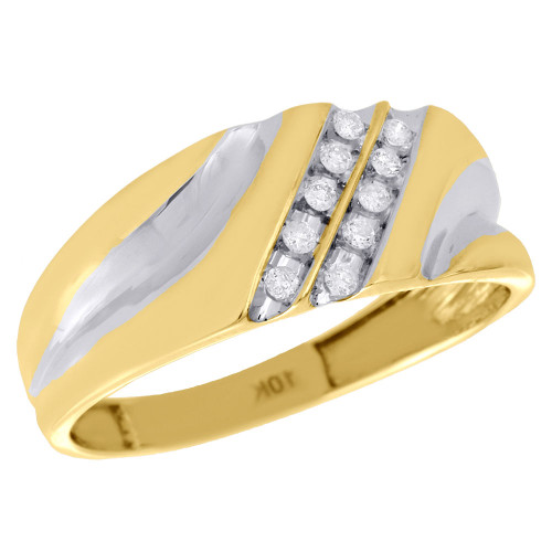 10K Yellow Gold Diamond Wedding Band Men's Grooved Engagement Ring 0.13 Ct.