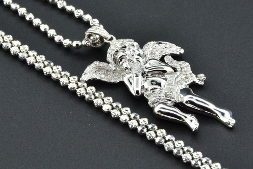 Diamond Floating Angel Pendant .925 Sterling Silver Small Charm Moon-Cut Chain