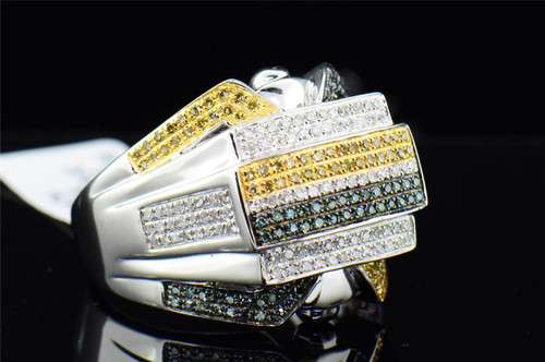 Blue & Yellow Diamond Pinky Ring Mens 10K White Gold Round Pave Design 0.76 Tcw.