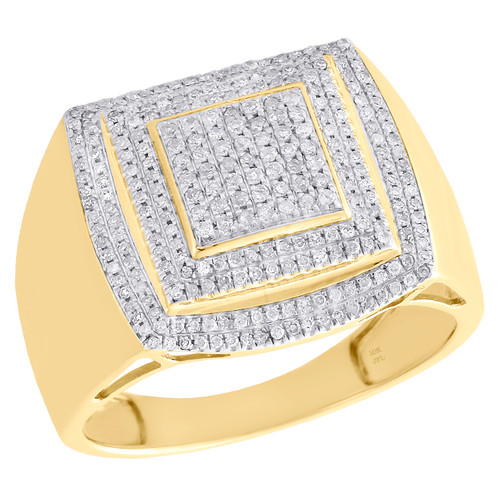 10K Yellow Gold Diamond Dome Cluster Three Tier Step Square Pinky Ring 0.49 CT.
