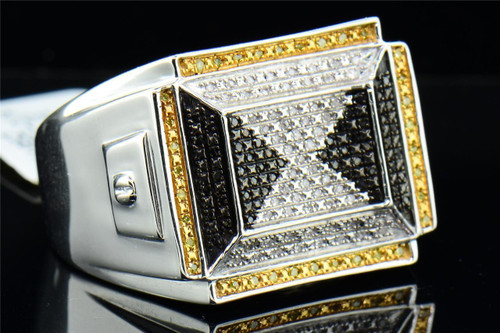 Mens Sterling Silver Black & Yellow Diamond Pinky Ring Big Square Face 0.26 ct