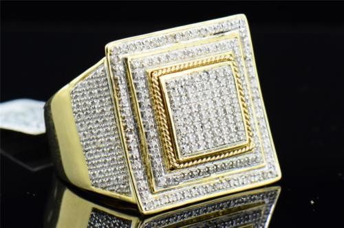 Mens 10K Yellow Gold White Round Diamond Pave Big Square Face Pinky Ring .91 ct.
