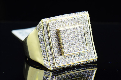 Diamond Square Face Pinky Ring Mens 10K Yellow Gold Round Pave Design 0.80 Tcw.