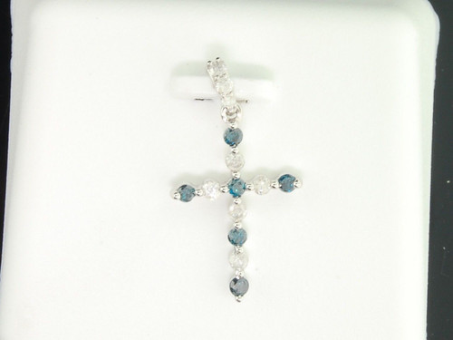Blue Diamond Cross Pendant Ladies 10K White Gold Round Religious Charm 1/4 Tcw.