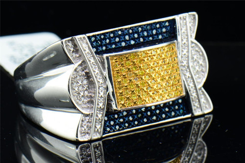 Mens 925 Sterling Silver Blue & Yellow Diamond Pinky Ring Square Big Face .25 Ct