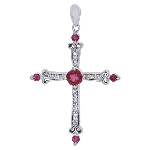 10K White Gold Created Red Ruby & Diamond Budded Cross Pendant 1.34 CT.