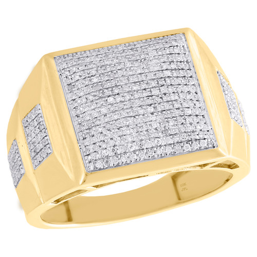 10K Yellow Gold Diamond Dome Cluster Square Step Shank Mens Pinky Ring 0.44 CT.