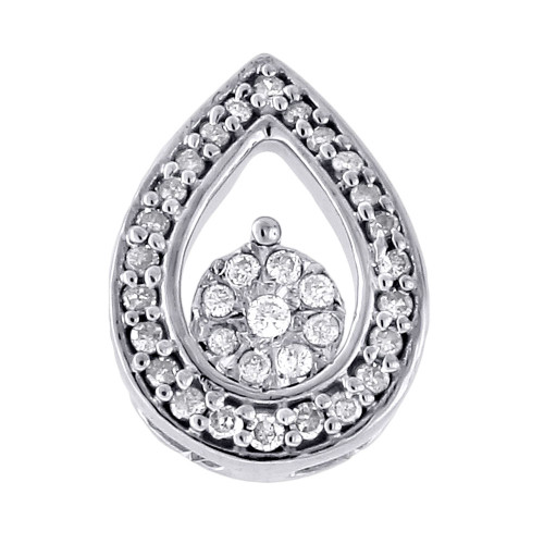 Diamond Flower Teardrop Pendant 10k White Gold Charm Necklace  .12 CT.
