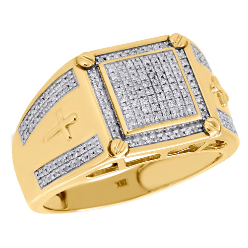 Mens 10K Yellow Gold Diamond Cross Pinky Ring Statement Square Frame Band 1/3 CT