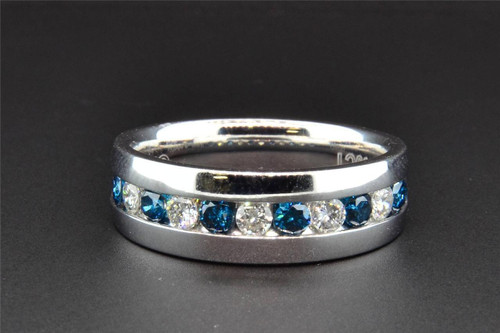 Blue Diamond Wedding Band 10K White Gold Round Cut Mens Ring 1.03 Ct