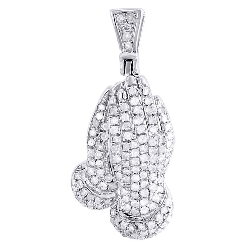 Mens Diamond Praying Hands Pendant .925 Sterling Silver Fully Iced Charm 0.45 Ct