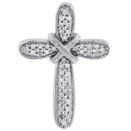 10k White Gold Round Cut Diamond Cross Pendant Religious Charm .16 CT.