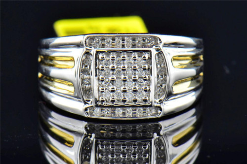 Mens 10K White Gold Two Tone Round Cut Pave Diamond Designer Pinky Ring .24 ct.