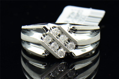 Mens 14K White Gold 2 Rows Diagonal Round Cut Diamond Wedding Band Ring 0.25 Ct.