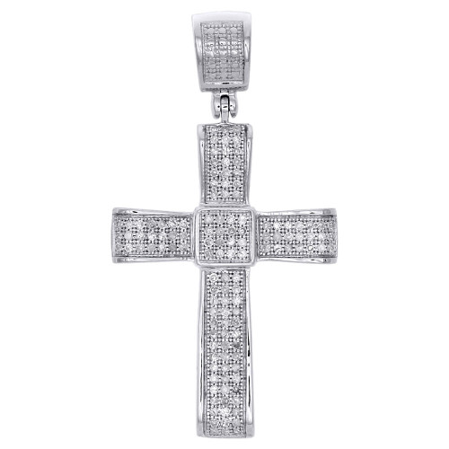 Real Diamond Cross Pendant Ribbon Domed 1.50" Pave Charm Sterling Silver 0.40 CT