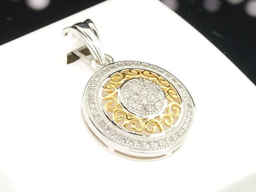 Ladies 10K Two Tone Gold Pave Diamond Filigree Circle Pendant Charm For Necklace