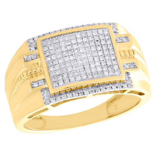 10K Yellow Gold Real Diamond Milgrain Step Square Cluster Mens Pinky Ring 1/3 CT