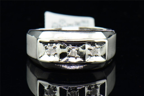 Mens 10K White Gold 3 Stone Diamond Engagement Ring Wedding Band Brushed Finish