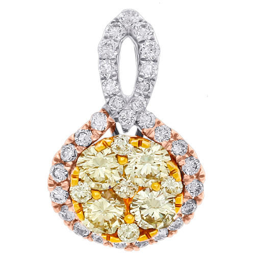 14K Tri Color Gold Natural Yellow Diamond Flower Pendant Circle Necklace 0.88 CT