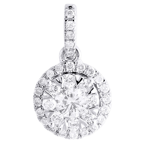 14K White Gold Diamond Double Frame Flower Halo Pendant Ladies Charm 0.92 Ct.