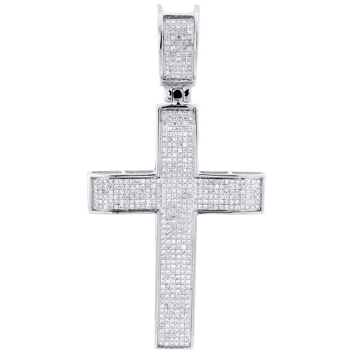 Diamond Cross Charm 10K White Gold Flat Jesus Round Cut Fashion Pendant 0.95 Ct.