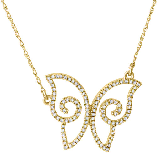 Diamond Butterfly Pendant 14K Yellow Gold Fashion Charm Cable Chain 0.20 CT.