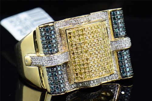 Yellow & Blue Diamond Square Pinky Ring 10K Gold Mens Round Cut Pave 1.41 Tcw.