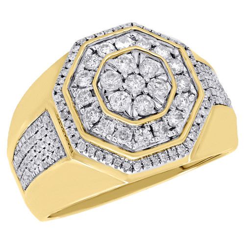 10K Yellow Gold Diamond Pinky Ring Octagon Step Tier Statement Mens Band 1.10 Ct