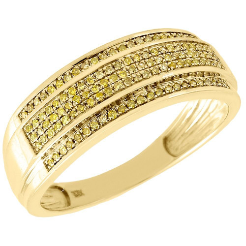 Yellow Diamond Wedding Band Men's 10K Gold Round Cut Pave Engagement Ring .30 Ct