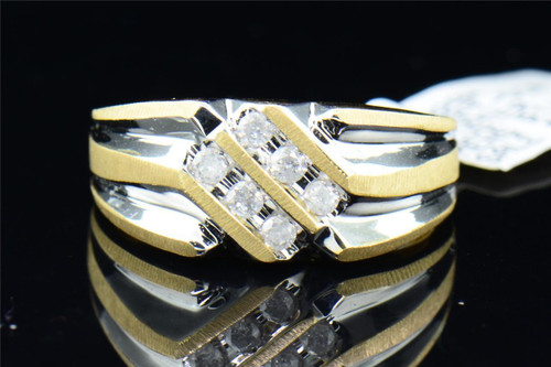 Mens 14K Yellow Gold 2 Row Channel Set Round Diamond Engagement Ring Band .25 ct