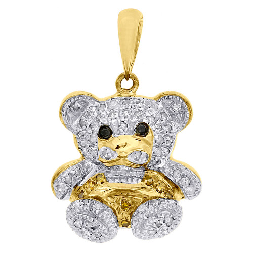 10K Yellow Gold Round Diamond Teddy Bear Pendant 0.85" Ladies Charm 0.20 CT.