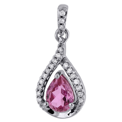 Diamond Teardrop Pendant 10k White Gold Created Pink Sapphire 1.65 CT.