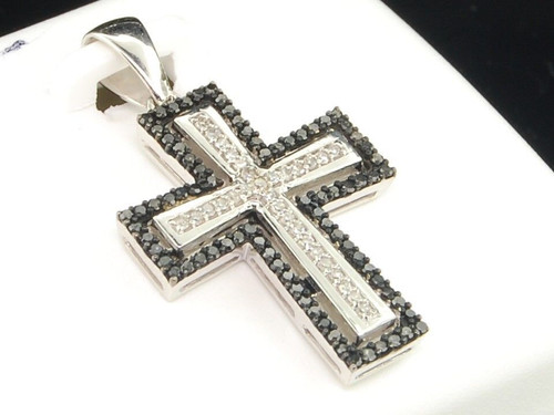 Black Diamond Cross Pendant 10K White Gold Round Religious Charm 0.25 Tcw.