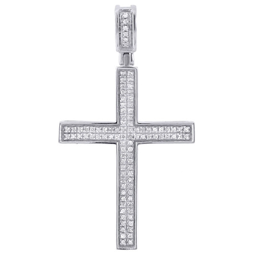 10K White Gold Diamond Mini Cross Pendant 0.33 Ct. Pave Set Concave Charm 1.62"